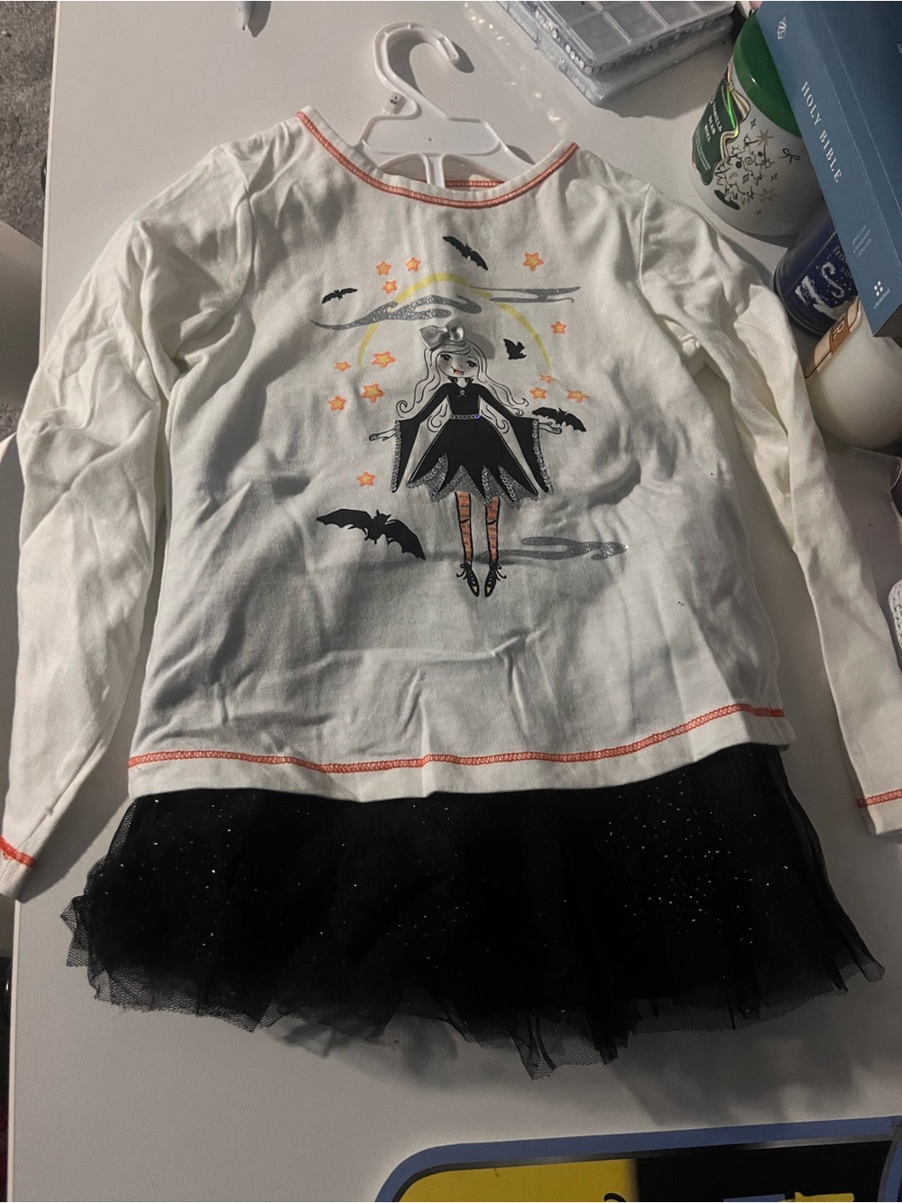 Girls' White Long-Sleeve Witch Tulle Dress Top